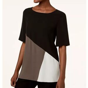 Eileen Fisher Color Block Short Sleeve Silk Top Bateau Neck Blouse Black Cream S